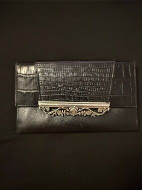 Brighton Black Croc-Embossed Leather Wallet with Silver Filigree Accent